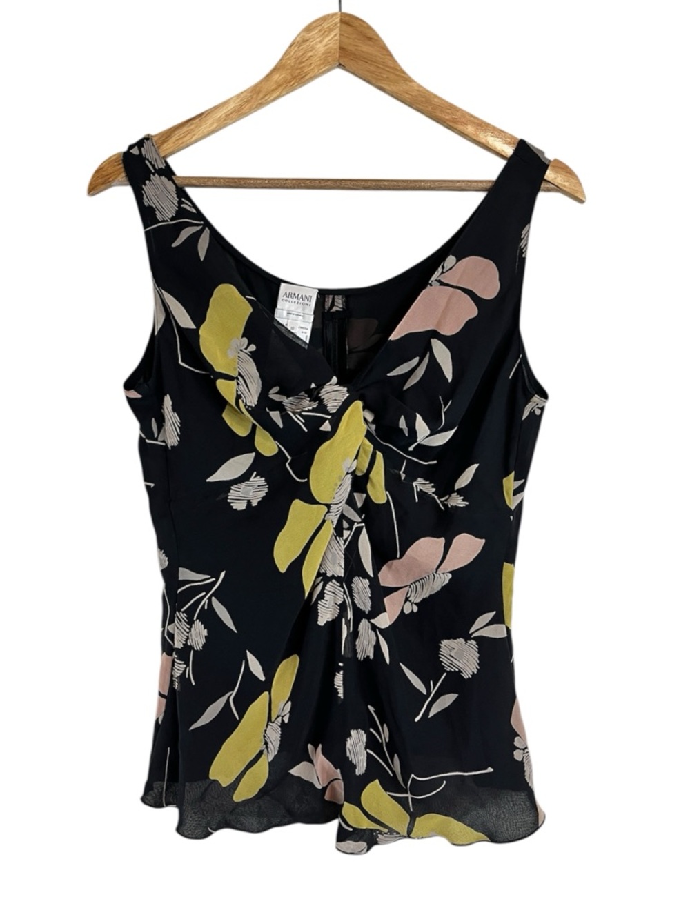 Armani Collezioni Y2K Silk Black Floral Print Twist-Front Zip Artsy Blouse SZ 10